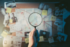 Detective hand holding a magnifying glass in front of a board with evidence, crime scene photos and map. 