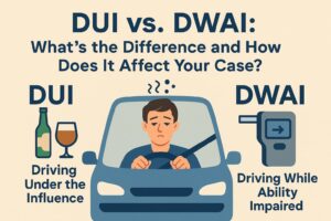 Illustration comparing DUI (Driving Under the Influence) and DWAI (Driving While Ability Impaired), featuring a sad driver behind the wheel, a bottle and glass representing DUI, and a breathalyzer symbolizing DWAI, with the title 'DUI vs. DWAI: What’s the Difference and How Does It Affect Your Case?